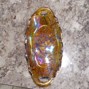 Indiana Glass marigold amber gold sunflower carnival glass relish tray